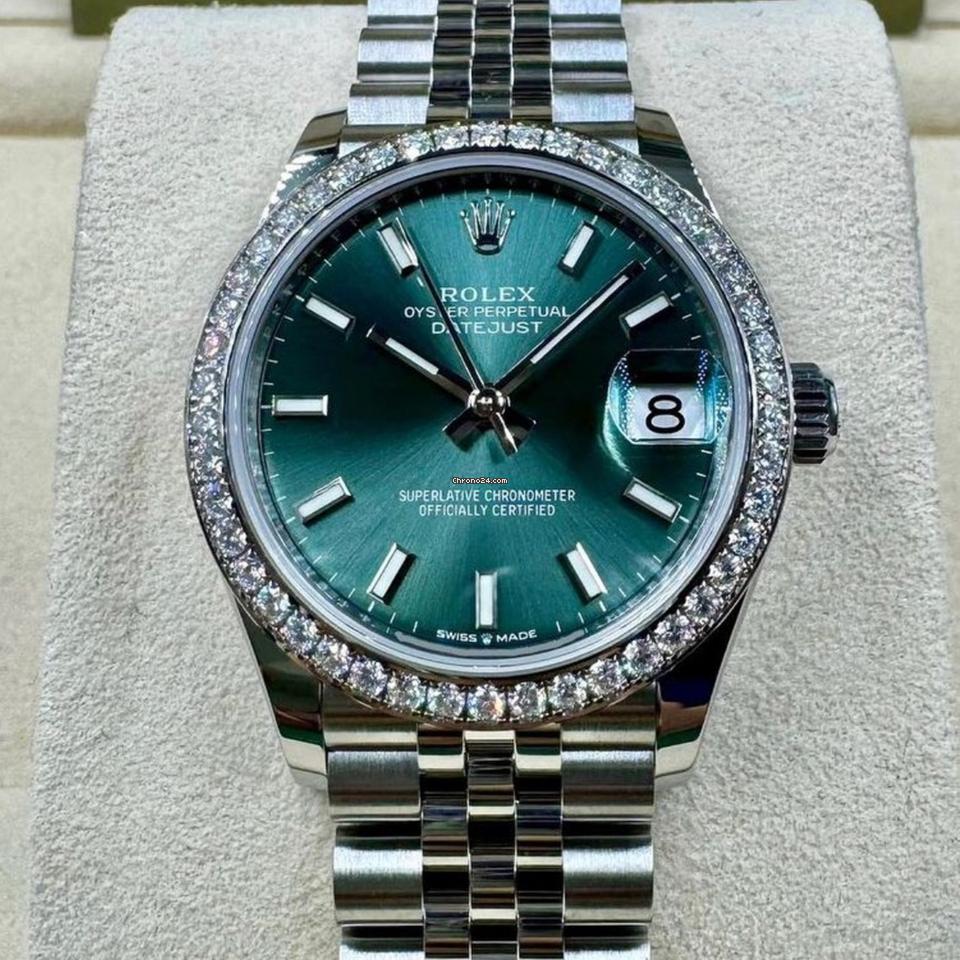 Rolex Datejust 31 NEW 2023 Datejust 31 GREEN INDEX FACTORY DIAMOND BEZEL 278384RBR
