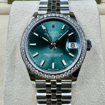 Rolex Datejust 31 NEW 2023 Datejust 31 GREEN INDEX FACTORY DIAMOND BEZEL 278384RBR