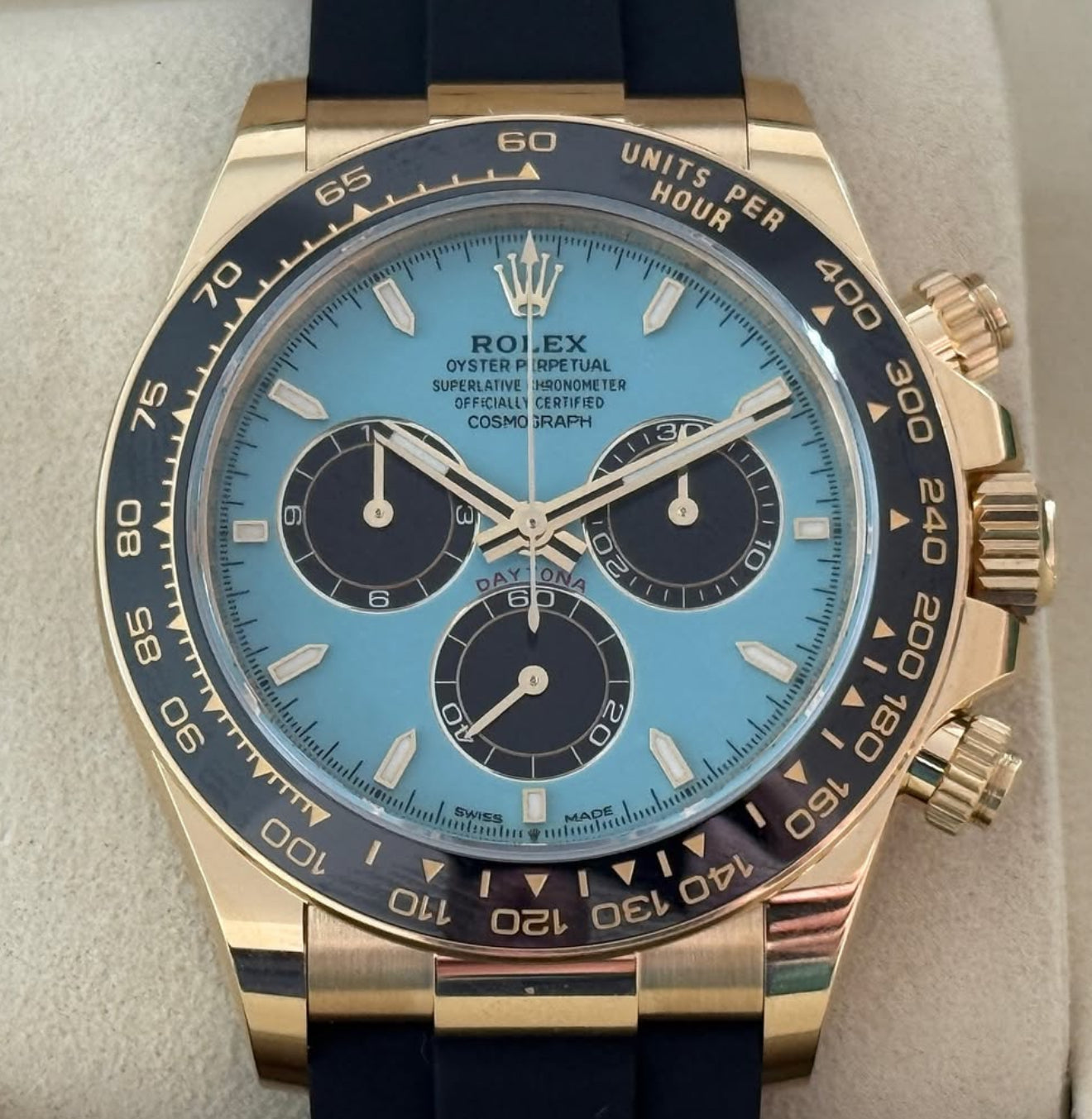 Rolex Cosmograph Daytona 40mm Yellow Gold Turquoise Blue Black Dial Cerachrom Bezel Oysterflex Bracelet - 126518LN - 2025