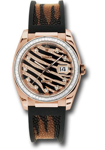Rolex Pink Gold Datejust Royal Pink 36 Watch - Baguette Diamond Bezel - Black And Diamond Paved Dial - Galuchat - 116185 BBR