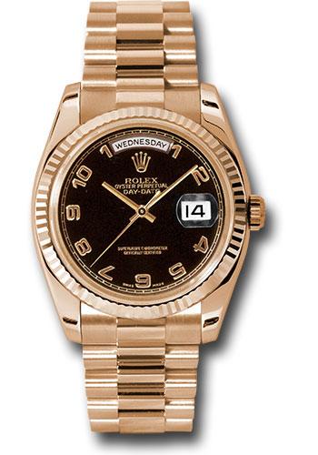 Rolex Pink Gold Day-Date 36 Watch - Fluted Bezel - Black Arabic Dial - President Bracelet - 118235 bkap