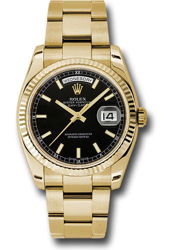 Rolex Yellow Gold Day-Date 36 Watch - Fluted Bezel - Black Index Dial - Oyster Bracelet - 118238 bkso