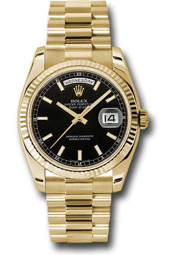 Rolex Yellow Gold Day-Date 36 Watch - Fluted Bezel - Black Index Dial - President Bracelet - 118238 bksp