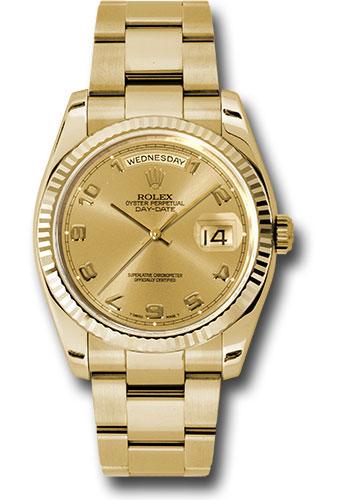 Rolex Yellow Gold Day-Date 36 Watch - Fluted Bezel - Champagne Arabic Dial - Oyster Bracelet - 118238 chao