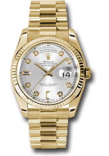 Rolex Yellow Gold Day-Date 36 Watch - Fluted Bezel - Silver Diamond Dial - President Bracelet - 118238 sdp