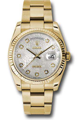Rolex Yellow Gold Day-Date 36 Watch - Fluted Bezel - Silver Jubilee Diamond Dial - Oyster Bracelet - 118238 sjdo