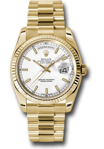 Rolex Yellow Gold Day-Date 36 Watch - Fluted Bezel - White Index Dial - President Bracelet - 118238 wsp