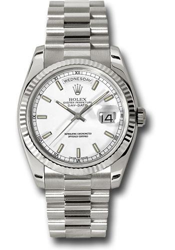 Rolex White Gold Day-Date 36 Watch - Fluted Bezel - White Index Dial - President Bracelet - 118239 wsp