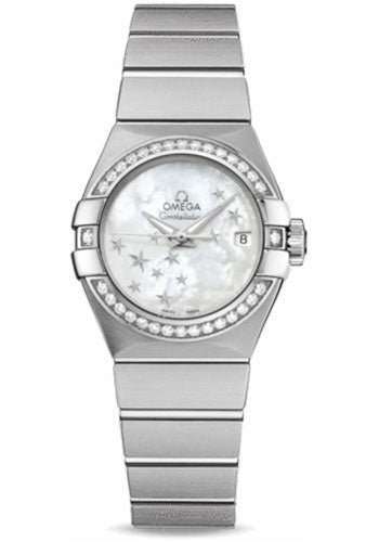 Omega Ladies Constellation Chronometer Watch - 27 mm Brushed Steel Case - Diamond Bezel - Mother-Of-Pearl Dial - 123.15.27.20.05.001