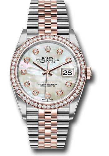 Rolex Steel and Everose Rolesor Datejust 36 Watch - Diamond Bezel - White Mother-Of-Pearl Diamond Dial - Jubilee Bracelet - 126281RBR mdj