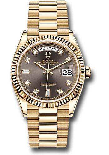 Rolex Yellow Gold Day-Date 36 Watch - Fluted Bezel - Dark Grey Diamond Dial - President Bracelet - 128238 dkgdp