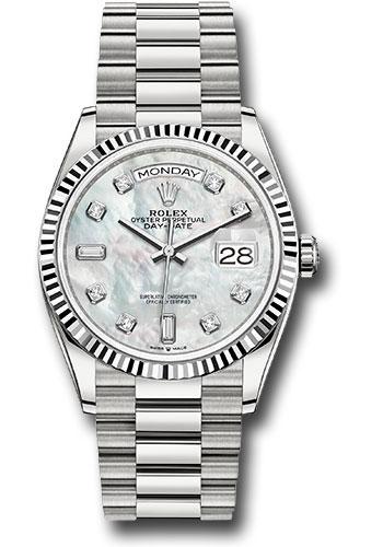 Rolex White Gold Day-Date 36 Watch - Fluted Bezel - Mother-of-Pearl Diamond Dial - President Bracelet - 128239 mdp
