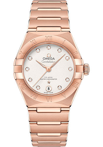 Omega Constellation Manhattan Co-Axial Master Chronometer Watch - 29 mm Sedna Gold Case - Crystal White Silvery Diamond Dial - 131.50.29.20.52.001