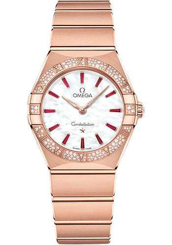 Omega Constellation Quartz - 28 mm Sedna Gold Case - Diamond Bezel - White Pearled Mother-Of-Pearl Ruby Dial - 131.55.28.60.55.004