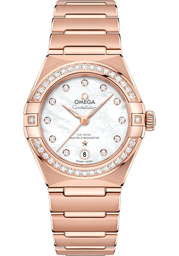 Omega Constellation Manhattan Co-Axial Master Chronometer Watch - 29 mm Sedna Gold Case - Diamond-Paved Bezel - Mother-Of-Pearl Diamond Dial - 131.55.29.20.55.001