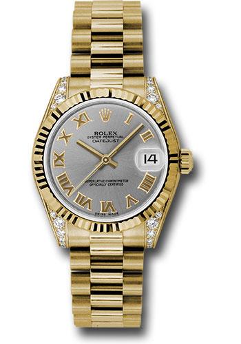 Rolex Yellow Gold Datejust 31 Watch - Fluted Bezel - Gray Roman Dial - President Bracelet - 178238 grp