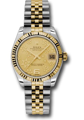 Rolex Steel and Yellow Gold Datejust 31 Watch - Fluted Bezel - Champagne Floral Motif Dial - Jubilee Bracelet - 178273 chfj