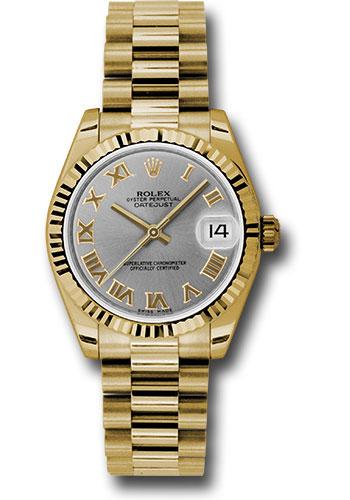 Rolex Yellow Gold Datejust 31 Watch - Fluted Bezel - Gray Roman Dial - President Bracelet - 178278 grp