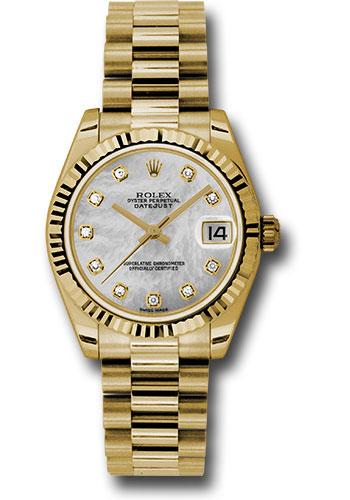 Rolex Yellow Gold Datejust 31 Watch - Fluted Bezel - Mother-Of-Pearl Diamond Dial - President Bracelet - 178278 mdp
