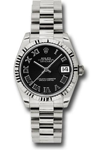 Rolex White Gold Datejust 31 Watch - Fluted Bezel - Black Roman Dial - President Bracelet - 178279 bkrp
