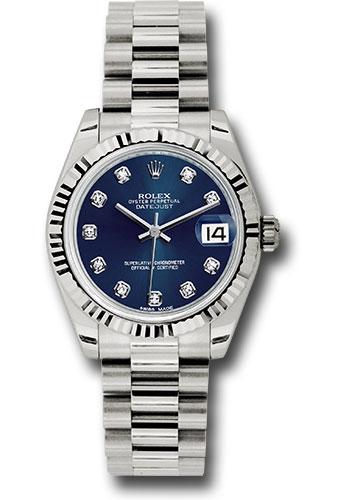 Rolex White Gold Datejust 31 Watch - Fluted Bezel - Blue Diamond Dial - President Bracelet - 178279 bldp