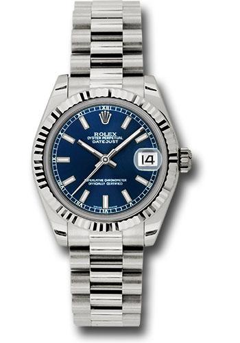 Rolex White Gold Datejust 31 Watch - Fluted Bezel - Blue Index Dial - President Bracelet - 178279 blip