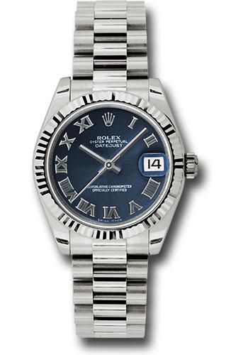 Rolex White Gold Datejust 31 Watch - Fluted Bezel - Blue Roman Dial - President Bracelet - 178279 blrp