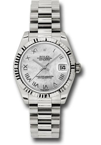Rolex White Gold Datejust 31 Watch - Fluted Bezel - Mother-Of-Pearl Roman Dial - President Bracelet - 178279 mrp