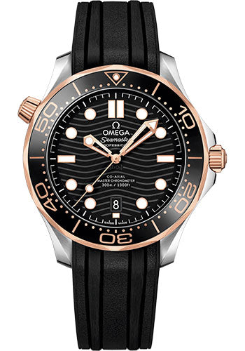 Omega Seamaster Diver 300M Co-Axial Master Chronometer Watch - 42 mm Steel And Sedna Gold Case - Unidirectional Bezel - Black Ceramic Dial - Black Rubber Strap - 210.22.42.20.01.002