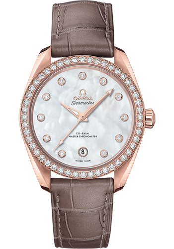 Omega Seamaster Aqua Terra 150M Co-Axial Master Chronometer Ladies Watch - 38 mm Sedna Gold Case - White Mother-Of-Pearl Diamond Dial - Taupe-Brown Leather Strap - 220.58.38.20.55.001