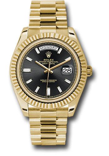 Rolex Yellow Gold Day-Date 40 Watch - Fluted Bezel - Black Baguette Diamond Dial - President Bracelet - 228238 bkbdp