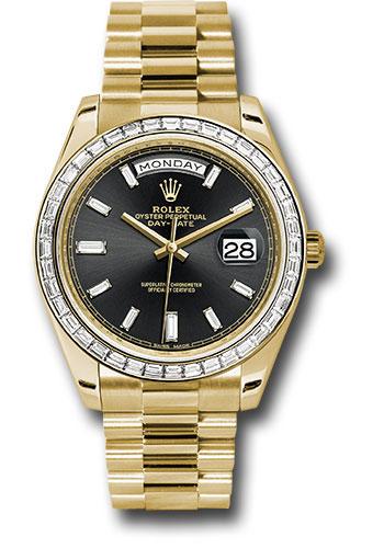 Rolex Yellow Gold Day-Date 40 Watch - Yellow Gold Bezel - Black Baguette Diamond Dial - President Bracelet - 228398TBR bkbdp