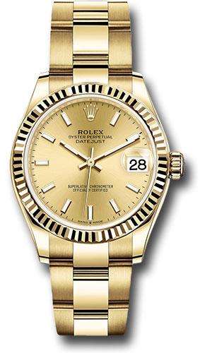 Rolex Yellow Gold Datejust 31 Watch - Fluted Bezel - Champagne Index Dial - Oyster Bracelet - 278278 chio