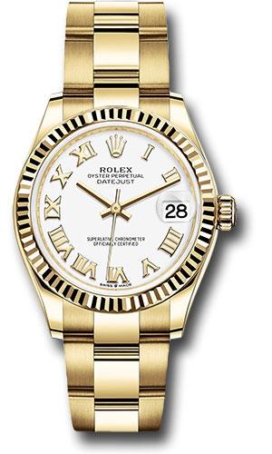 Rolex Yellow Gold Datejust 31 Watch - Fluted Bezel - White Roman Dial - Oyster Bracelet - 278278 wro
