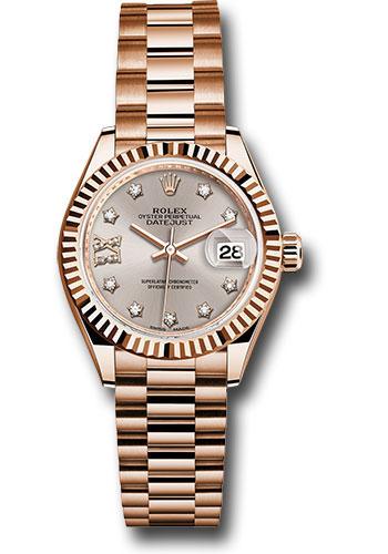Rolex Everose Gold Lady-Datejust 28 Watch - Fluted Bezel - Silver Sundust Diamond Star Dial - President Bracelet - 279175 s9dix8dp