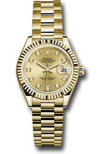 Rolex Yellow Gold Lady-Datejust 28 Watch - Fluted Bezel - Champagne Diamond Dial - President Bracelet - 279178 chdp
