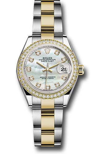 Rolex Steel and Yellow Gold Rolesor Lady-Datejust 28 Watch - Diamond Bezel - White Mother-Of-Pearl Diamond Dial - Oyster Bracelet - 279383RBR mdo