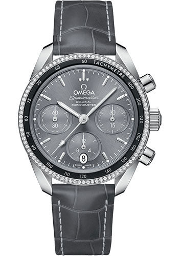 Omega Speedmaster Co-Axial Chronograph Watch - 38 mm Steel Case - Dual Diamond Bezel - Sun Brushed Grey Dial - Grey Leather Strap - 324.38.38.50.06.001