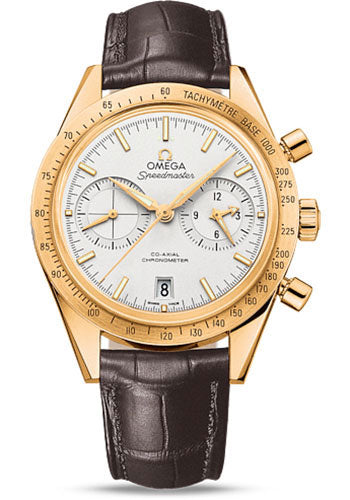 Omega Speedmaster '57 Omega Co-Axial Chronograph Watch - 41.5 mm Yellow Gold Case - Brushed Bezel - Silver Dial - Brown Leather Strap - 331.53.42.51.02.001