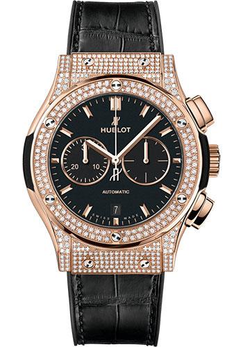 Hublot Classic Fusion Chronograph King Gold Pave Watch - 42 mm - Black Dial - Black Rubber and Leather Strap-541.OX.1181.LR.1704