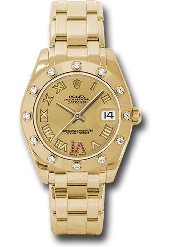 Rolex Yellow Gold Datejust Pearlmaster 34 Watch - 12 Diamond Bezel - Champagne Ruby Roman Vi Roman Dial - 81318 chrr