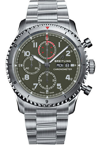 Breitling Aviator 8 Chronograph 43 Curtiss Warhawk Watch - Steel - Green Dial - Steel Bracelet - A133161A1L1A1