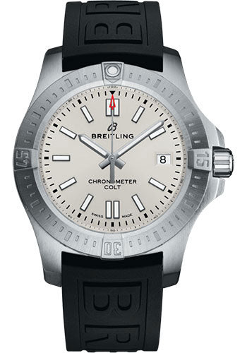 Breitling Colt 41 Automatic Watch - Steel - Silver Dial - Black Diver Pro III Strap - Folding Buckle - A17313101G1S1