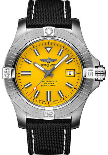 Breitling Avenger Automatic 45 Seawolf Watch - Stainless Steel - Yellow Dial - Anthracite Calfskin Leather Strap - Folding Buckle - A17319101I1X2