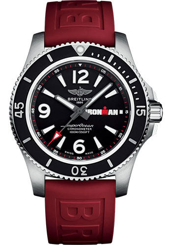 Breitling Superocean Automatic 44 Ironman Limited Edition Watch - Stainless Steel - Black Dial - Red Rubber Strap - Tang Buckle Limited Edition of 300 - A17371A11B1S1