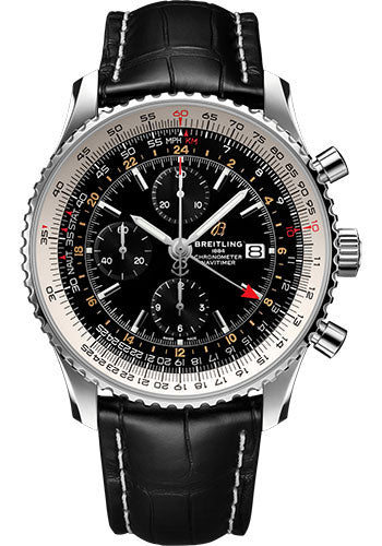 Breitling Navitimer Chronograph GMT 46 Watch - Steel - Black Dial - Black Alligator Strap - Folding Buckle - A24322121B2P2