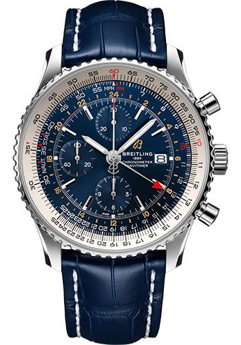 Breitling Navitimer Chronograph GMT 46 Watch - Steel - Blue Dial - Blue Alligator Strap - Folding Buckle - A24322121C2P2