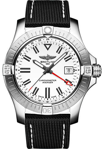 Breitling Avenger Automatic GMT 43 Watch - Stainless Steel - White Dial - Anthracite Calfskin Leather Strap - Tang Buckle - A32397101A1X1