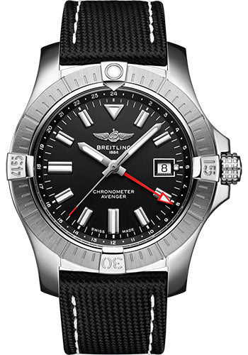 Breitling Avenger Automatic GMT 43 Watch - Stainless Steel - Black Dial - Anthracite Calfskin Leather Strap - Tang Buckle - A32397101B1X1