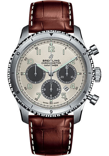 Breitling Aviator 8 B01 Chronograph 43 Watch - Steel Case - Silver Dial - Brown Croco Strap - AB01171A1G1P1